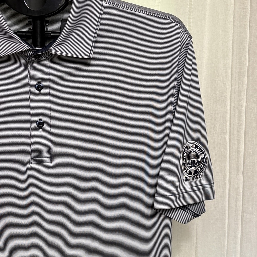 Ahead Shirt Men Med Blue White Pinstripe SS Golf Polo Pro Am Golfing For Justice